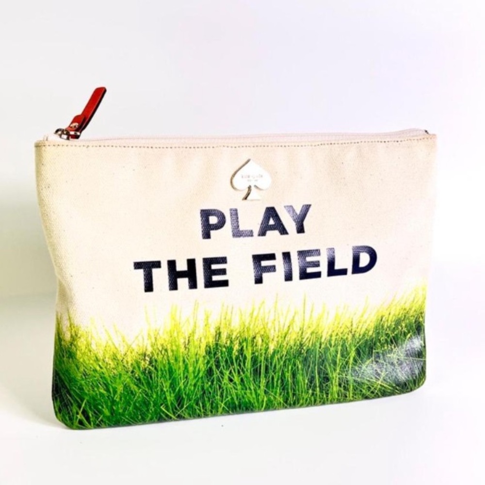 Kate Spade Canvas clutch/pouch natural beige/green NWOT
